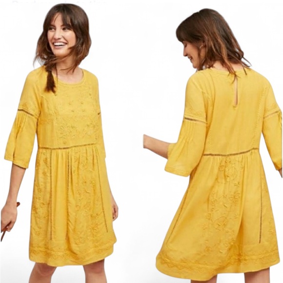 Anthropologie Akemi + Kin Oversized Embroidered Tunic Dress – Yellow – Medium - Picture 1 of 8